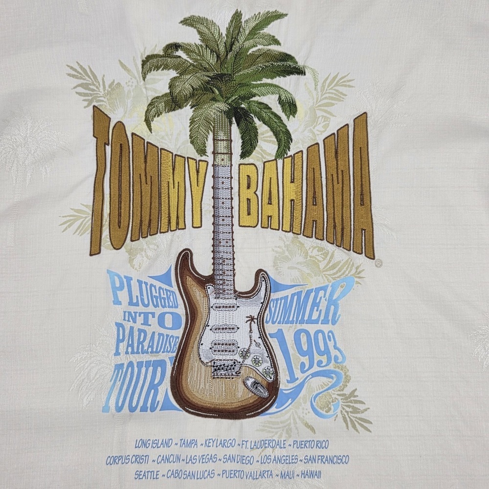 VINTAGE Tommy Bahama Embroidered "Plugged Into Paradise Tour Summer 1993 Ivory L
